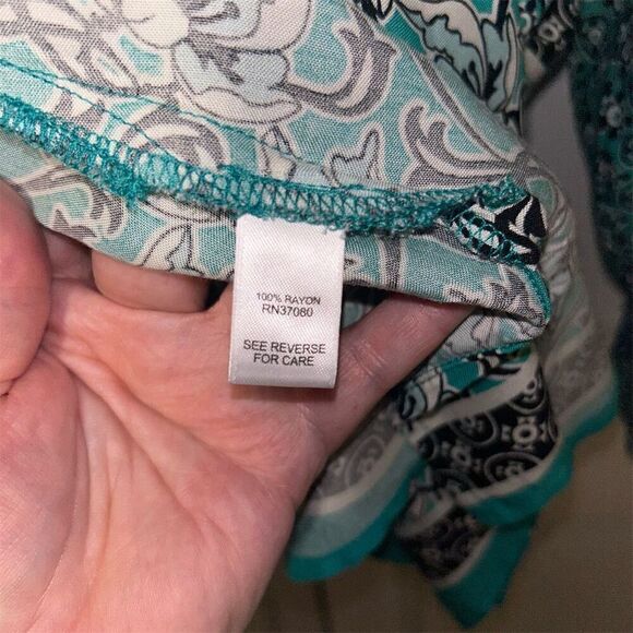 EST. 1946 Boho Tunic Blouse Turquoise White Geometric Print V-Neck size … - Picture 6 of 7